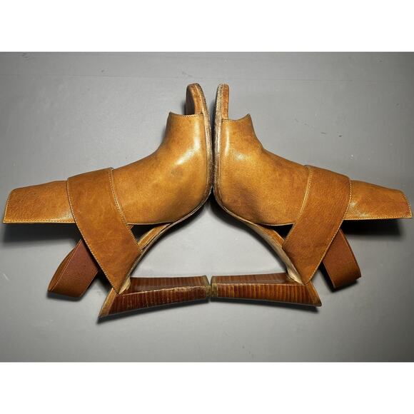 Stuart Weitzman Shoes Womens Size 8.5 Tan Leather Peep Toe Slingback Heels J3874 - Picture 4 of 10